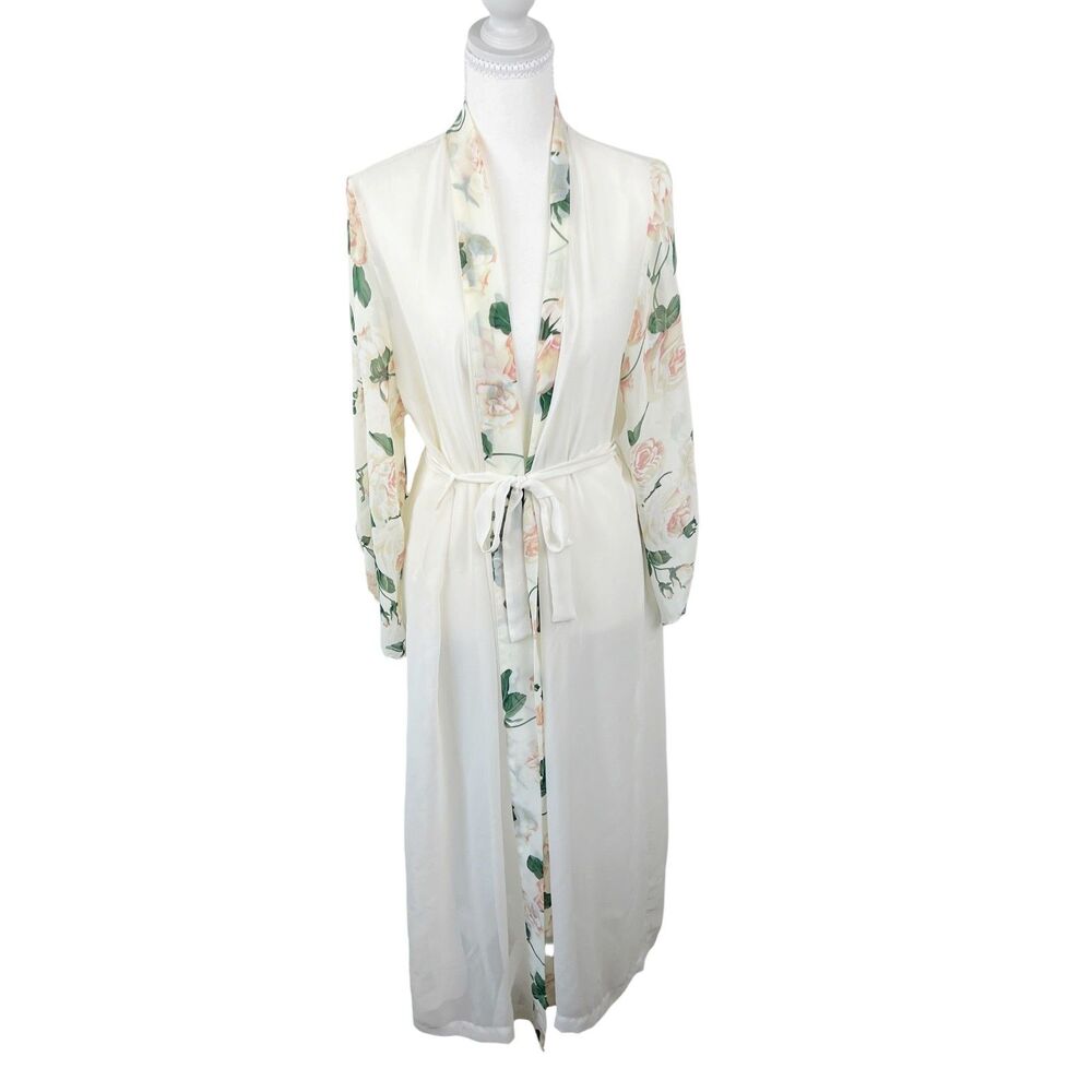 Vintage Val Mode Lingerie Robe Women Medium Ivory Floral Sheer Embroidered Belt